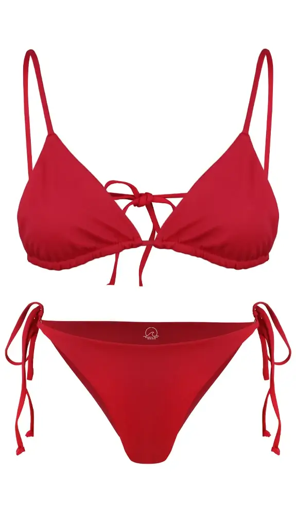 women 2 piece red bikini set showing ghost mannequin style photography